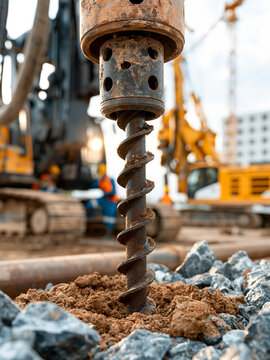 Close up of a large industrial drilling rig auger machine boring a hole into the ground at a construction site. Concept of heavy engineering, foundation work, and building.