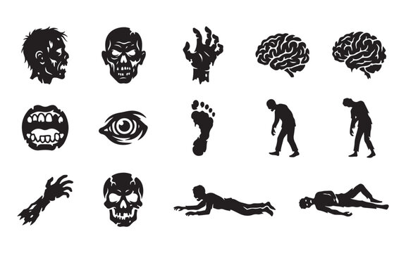 Horror themed zombie icons featuring undead heads brains hands skulls and walking figures for media.