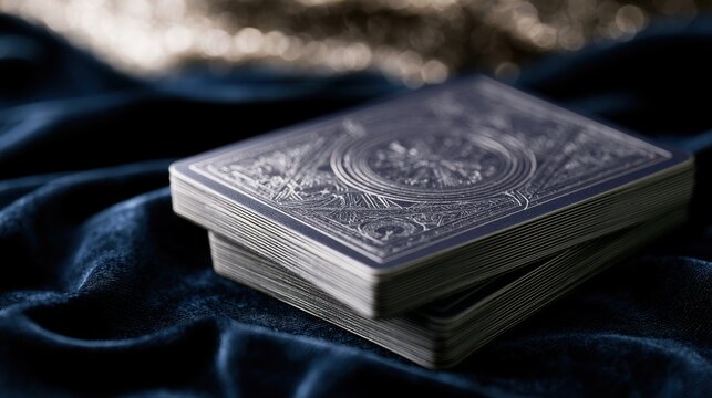 A stacked deck of intricately designed playing cards resting on a luxurious dark velvet fabric with soft lighting and a blurred reflective background