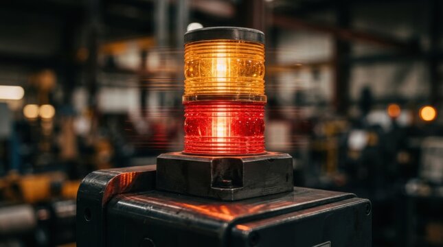 Rotating amber and red stack light beacon signaling status on manufacturing production line equipment