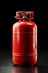 Obraz premium Red gas cylinder tank with valve isolated on a dark glossy studio background propane butane fuel container industrial power and domestic heating energy concept