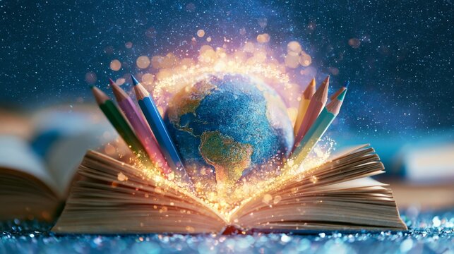 Bright glowing Earth rises from an open book surrounded by colorful pencils to represent a magical journey of discovery and learning in a dark starry space environment at night.