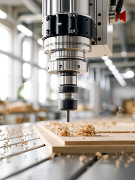 Close up of CNC router machine milling wooden board tool spindle details flying shavings and sawdust automatic carpentry process technology industrial furniture manufacturing concept