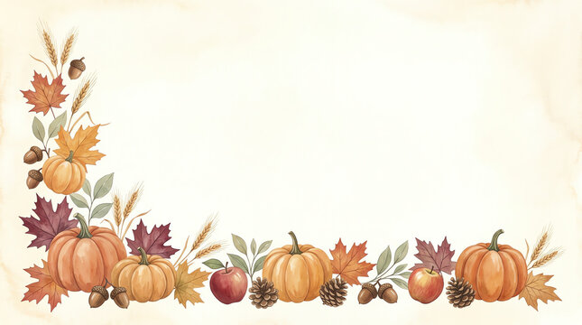 Autumn harvest border with pumpkins leaves and acorns on a watercolor background.