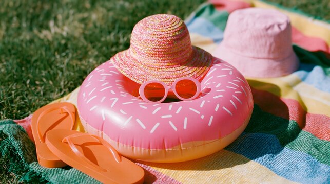 Pink donut pool float resting on a colorful blanket outdoors during a bright summer day with sunglasses, a straw hat, and orange flip-flops displayed for relaxation nearby.