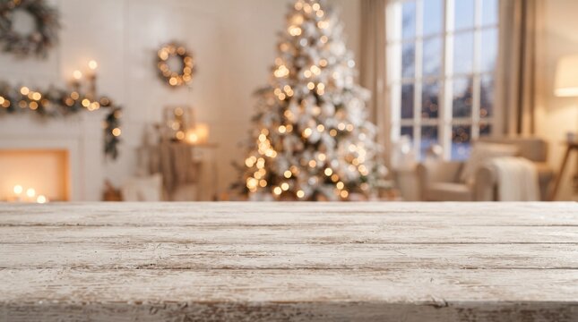 Empty wooden table in front of blurred winter festive background