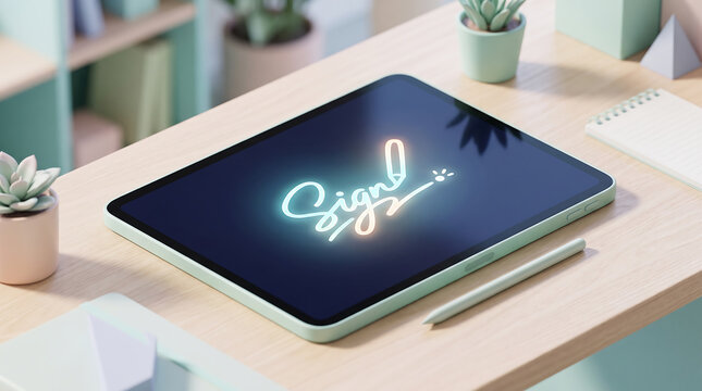 A light green digital tablet with a glowing neon sign script on the screen, resting on a wooden desk with a stylus, potted plants, and a notebook