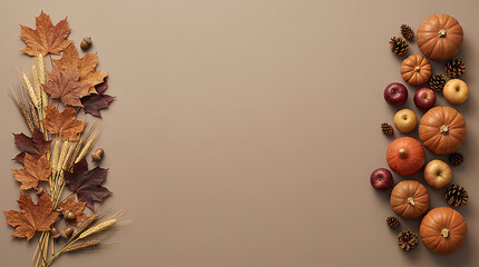 Fototapeta premium Vertical arrangement of autumn elements including pumpkins, apples, leaves, pinecones, and wheat, suitable for seasonal advertisements and decor.
