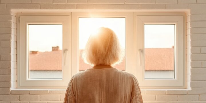 Woman Gazing Out of a Bright Window at Sunset, Reflecting Serenity and Hope in Life's Journey