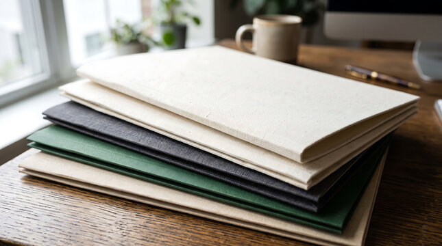 A macro detail shot of a stack of blank, textured paper notebooks in cream, black, and green, resting on a wooden desk surface near a window