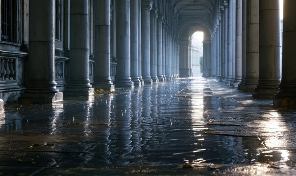 Ancient arcade with wet ground and stone pillars