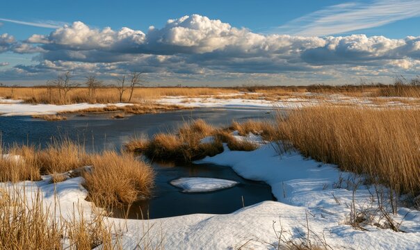 Frozen marsh scene with snow, grasses, and icy water under cloudy sky
