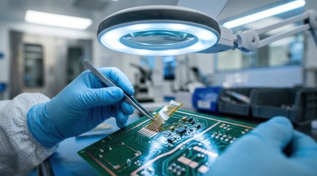 Closeup of a technician's gloved hands in a cleanroom bunny suit placing a flexible electrode sensor module onto a circuit board under a magnifying lamp, copper traces gleaming, tweezers in hand, soft
