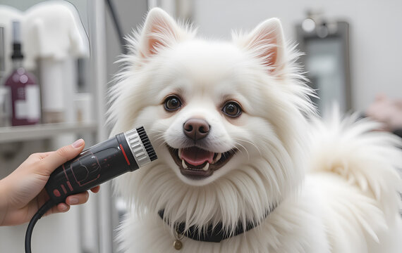cute white Spitz on trimming care in salon. conceptual Digital artwork. Ai generated