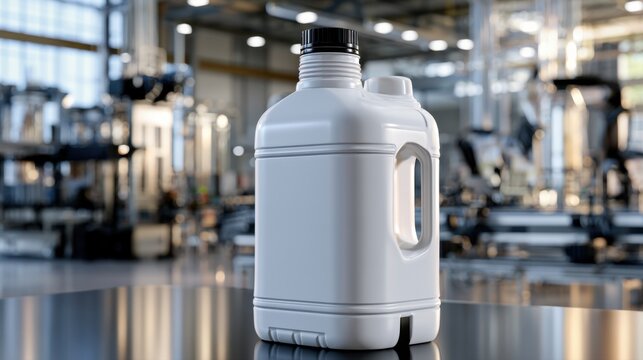 Plastic container with handle and black screw cap displayed on reflective surface inside an industrial warehouse with blurred background equipment and lighting