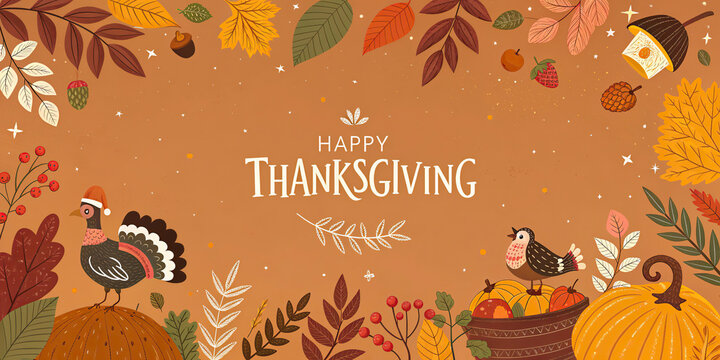 Happy Thanksgiving Autumn Harvest Cornucopia Pumpkins Leaves Celebration Vintage