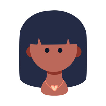 Stylized woman portrait bust. Straight black hair, blunt bangs, cute heart necklace. Modern romantic female character for jewelry branding, user profile avatar, beauty app. Vector isolate illustration