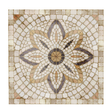 Roman floral mosaic watercolor illustration with a geometric flower motif made of stone tesserae isolated on background. Mediterranean decorative Tile clipart for classical and antique designs.