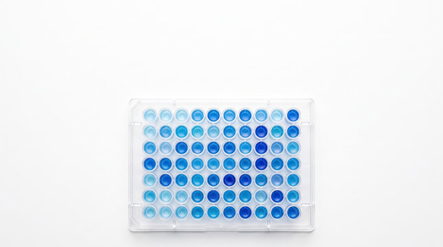 Top view of a 96 well microplate with blue liquid on white background