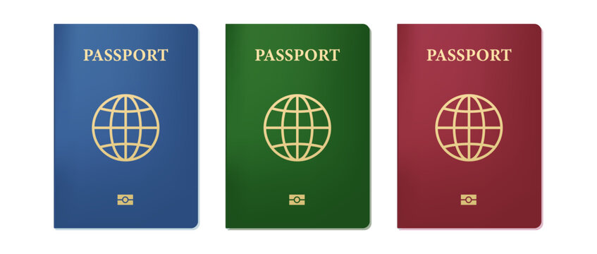 Blue, green and red International Passport Cover with Globe Symbol, Travel and Identification Concept