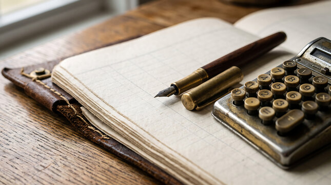 A vintage accounting ledger with a fountain pen and a mechanical metal calculator on a wooden desk, close-up view of financial record-keeping tools