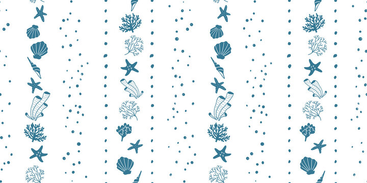 Blue and white marine seamless pattern with horizontal stripe borders and sea elements. Mediterranean style ocean life background, elegant nautical toile de jouy design for wallpaper and fabric