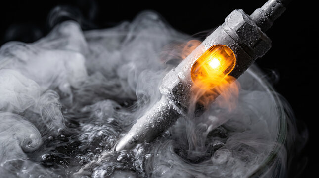 Frost covered metallic sensor probe submerged in cryogenic vapor