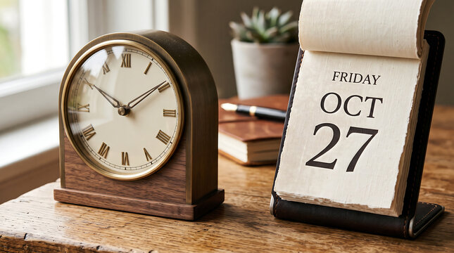 A wooden desk clock with roman numerals and a tear-off calendar showing friday october 27 on a rustic wooden table, with a pen and succulent in the background