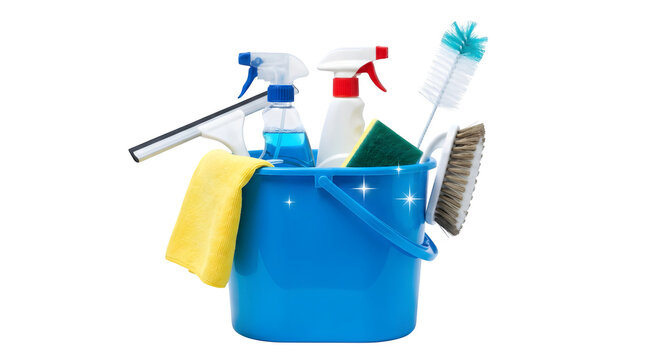 Cleaning tools and supplies in blue bucket isolated on transparent background