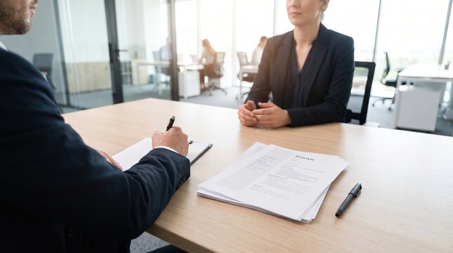 Hiring manager writing notes while interviewing a qualified female applicant in a bright corporate office setting during a daytime meeting session