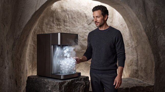 Man using modern ice maker machine dispensing frozen cubes inside luxury stone cellar   