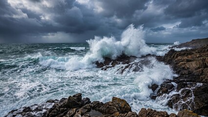 Fototapeta premium Powerful ocean waves crashing against rocky coastline under stormy dark sky