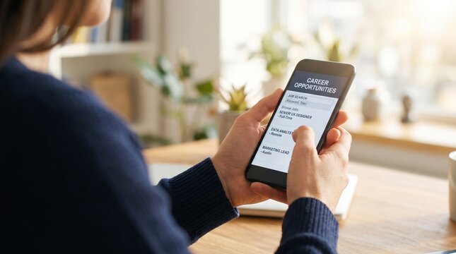 Woman holding a mobile device and looking through various job listings for positions such as Senior UX Designer and Data Analyst to start a new