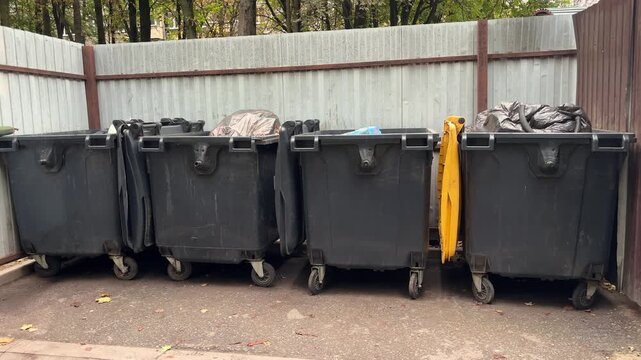 Row of black wheeled garbage bins in an outdoor waste collection area beside a fence