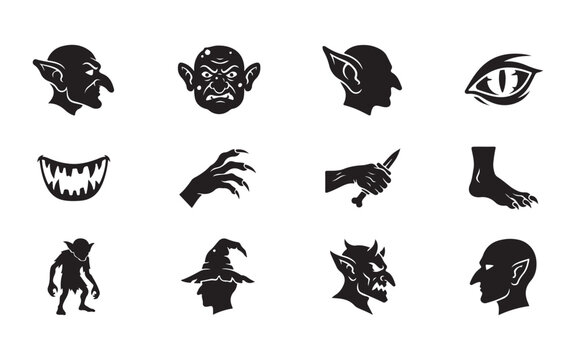 Goblin silhouette icons set featuring creature head profiles clawed hand and foot for spooky game.