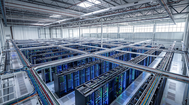 Aerial view of a large data center server room with rows of black server racks, overhead cable trays, and blue led indicator lights on a concrete floor