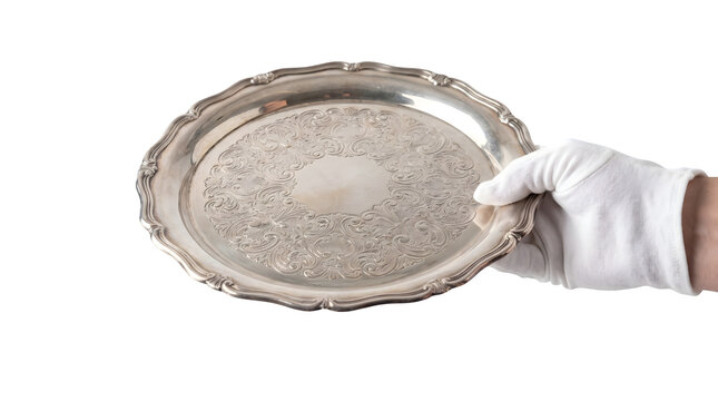 Hand in white glove holding vintage silver tray isolated on transparent background