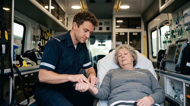 Paramedic checks pulse of elderly patient in ambulance