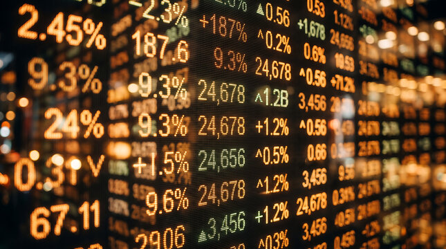 Close up of a digital financial stock market display screen with glowing orange and green numbers, percentages, and data points in a dark setting