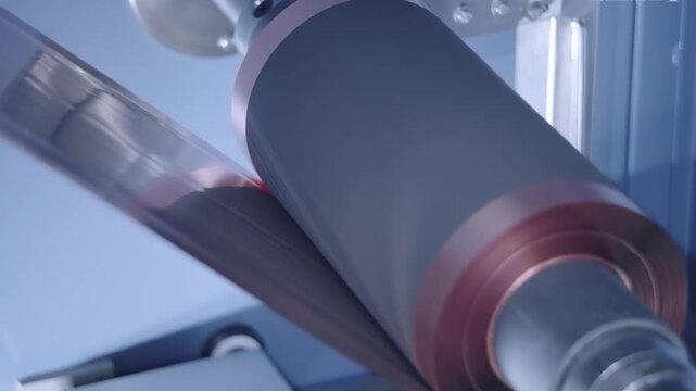 Close-up of rotating turbine rotor and belt drive mechanism inside precision manufacturing facility under blue industrial lighting with fast motion blur