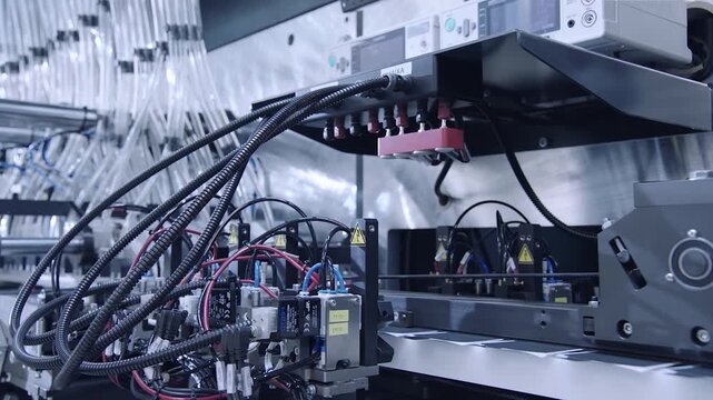 Close up of industrial automation control assembly with bundled corrugated conduits, multicolored wiring, solenoid valves, and terminal blocks on black metal rails