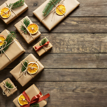 Wrapped Christmas gifts with dried orange slices on rustic wood table