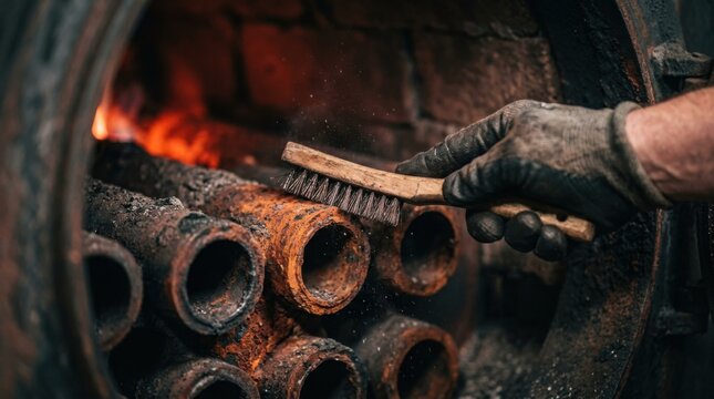 Closeup of a technician wire brushing corroded firetube ends inside an industrial boiler firebox with visible ash particles.