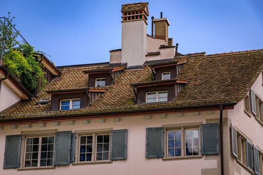 Historic old town street with traditional architecture in Zurich, Switzerland