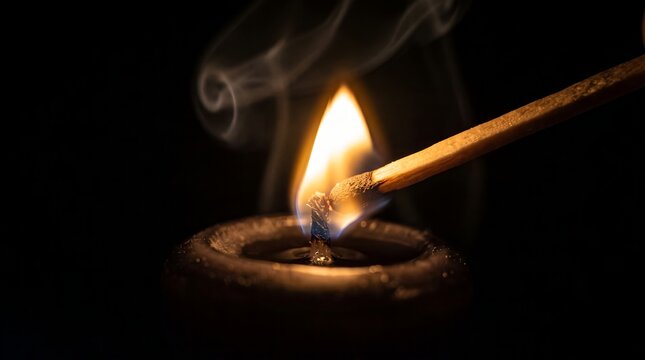 Close up view of a wooden matchstick lighting a black candle wick in the darkness creating a warm glowing flame and elegant wisps of smoke