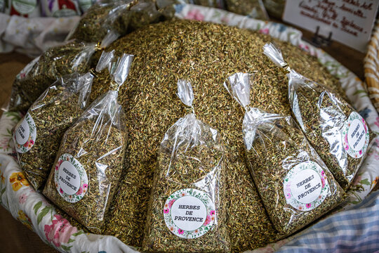 Sachets filled with herbes de Provence for sale at a market in Antibes, France