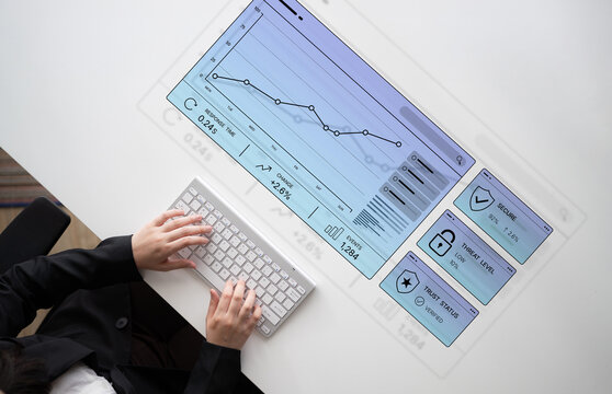A professional woman interacts with a futuristic touchscreen display, analyzing data and visualizing statistics in a modern workspace. Ideal for technology and business themes. Nascent