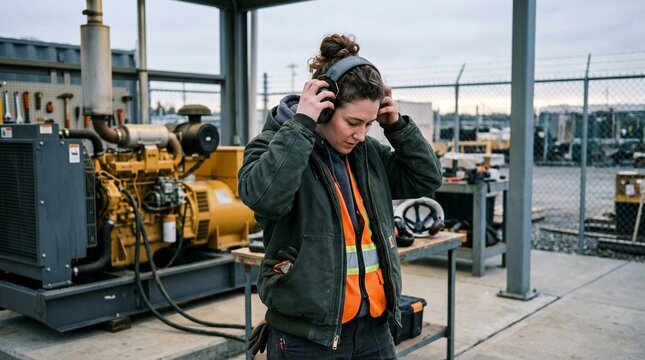 Woman putting on ear muffs before a shift near a loud generator in industrial warehouse setting, hearing protection equipment, industrial safety and PPE concept