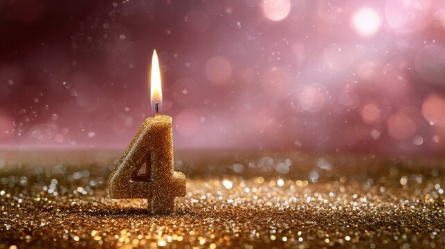 Glittering golden number four candle burning with soft glowing bokeh lights in festive sparkling background for celebration or birthday theme