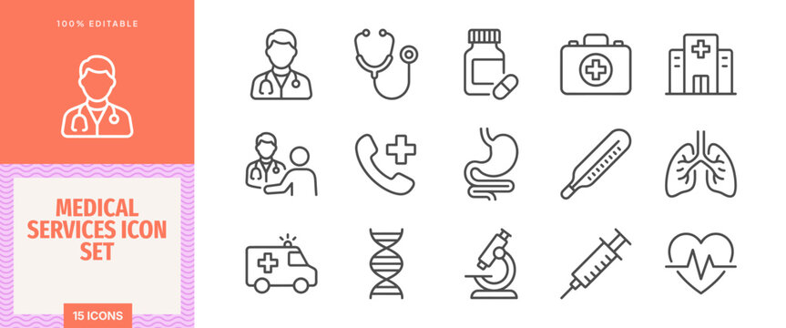 Medical services icon set, healthcare and medicine line icons collection